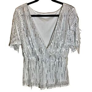 Silver Sequin NWOT V-neck Festive Top Sz M